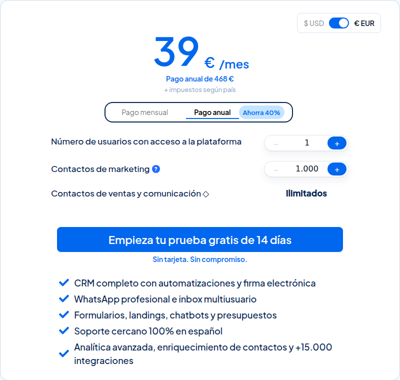 Captura de la calculadora oficial de precios de Clientify con el pago anual de 468 euros, un usuario y mil contactos de marketing